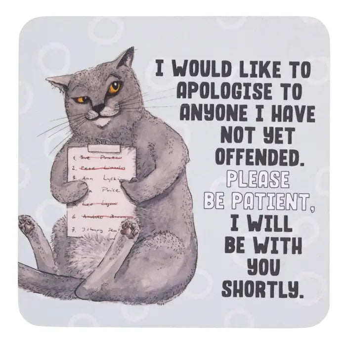 Please Be Patient coffee coaster with grey background and hand-drawn cat holding a list.