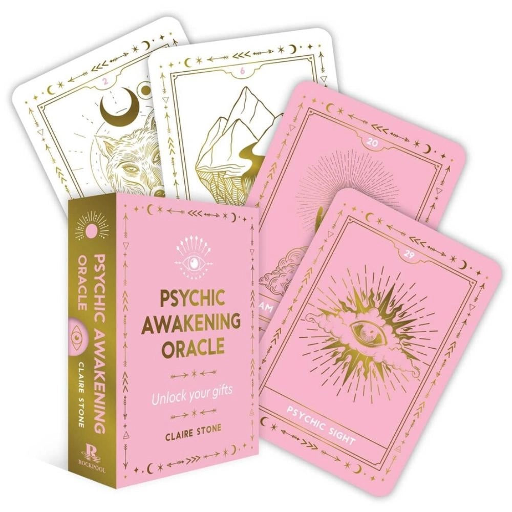 Luna &amp; Soul Psychic Awakening Oracle card deck by Claire Stone with pink box and guidebook.