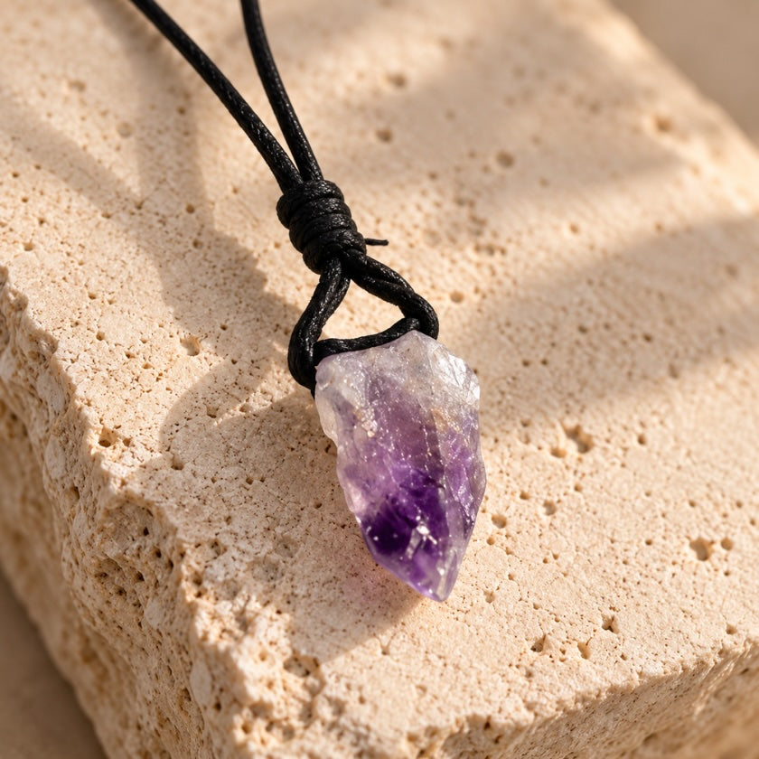 Raw amethyst crystal necklace with natural purple crystal pendant on black cord.