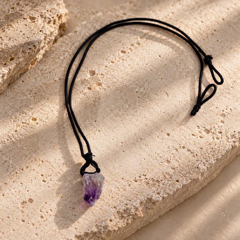 Natural raw amethyst crystal pendant tied onto a simple black cord necklace.