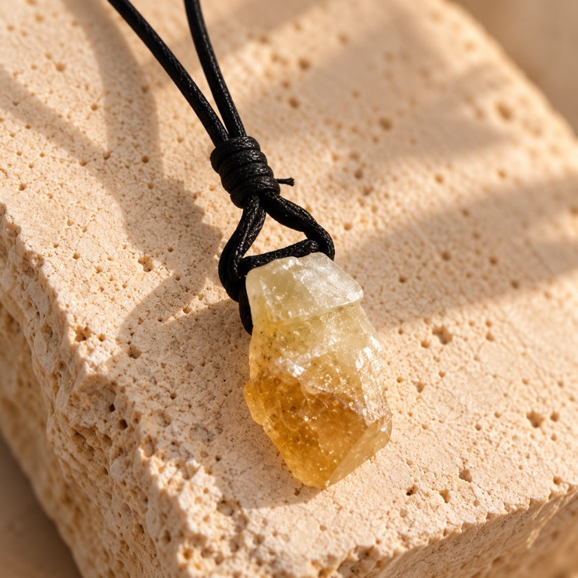 Raw citrine crystal necklace with natural golden crystal pendant on black cord.