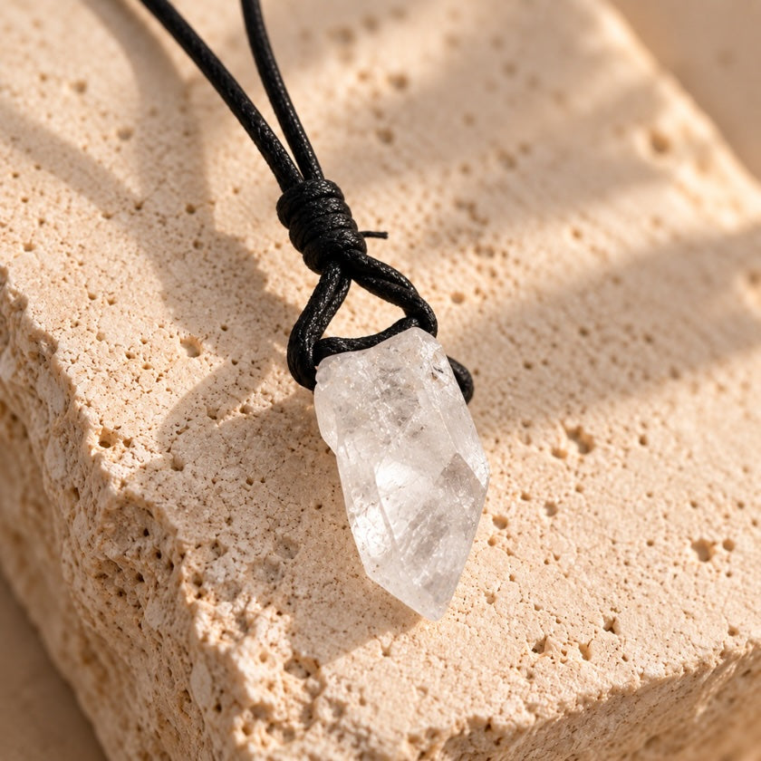 Raw clear quartz crystal necklace with natural crystal pendant.