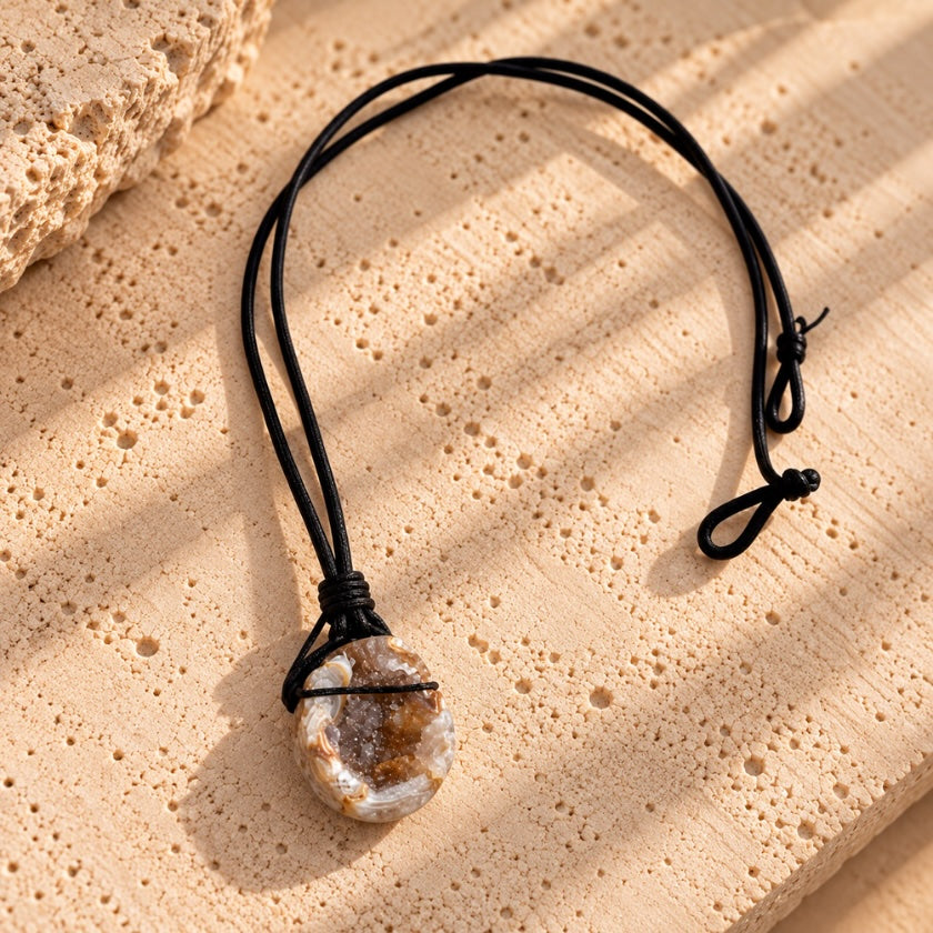 Raw geode crystal pendant with natural crystalline texture on black cord necklace.