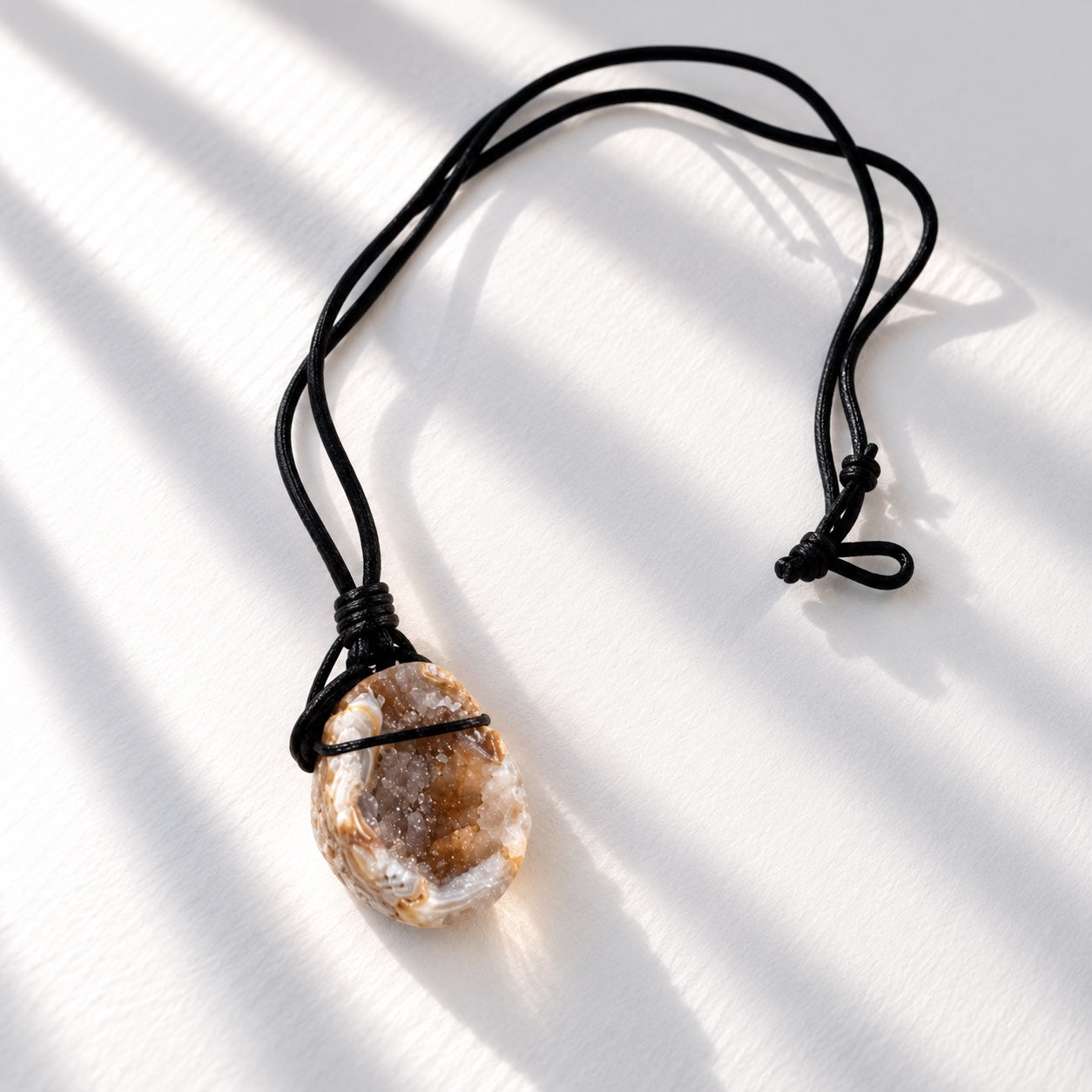 Raw geode crystal pendant with natural crystalline texture on black cord necklace.