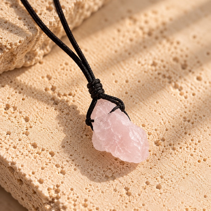 Raw rose quartz crystal necklace with natural pink stone on black cord.