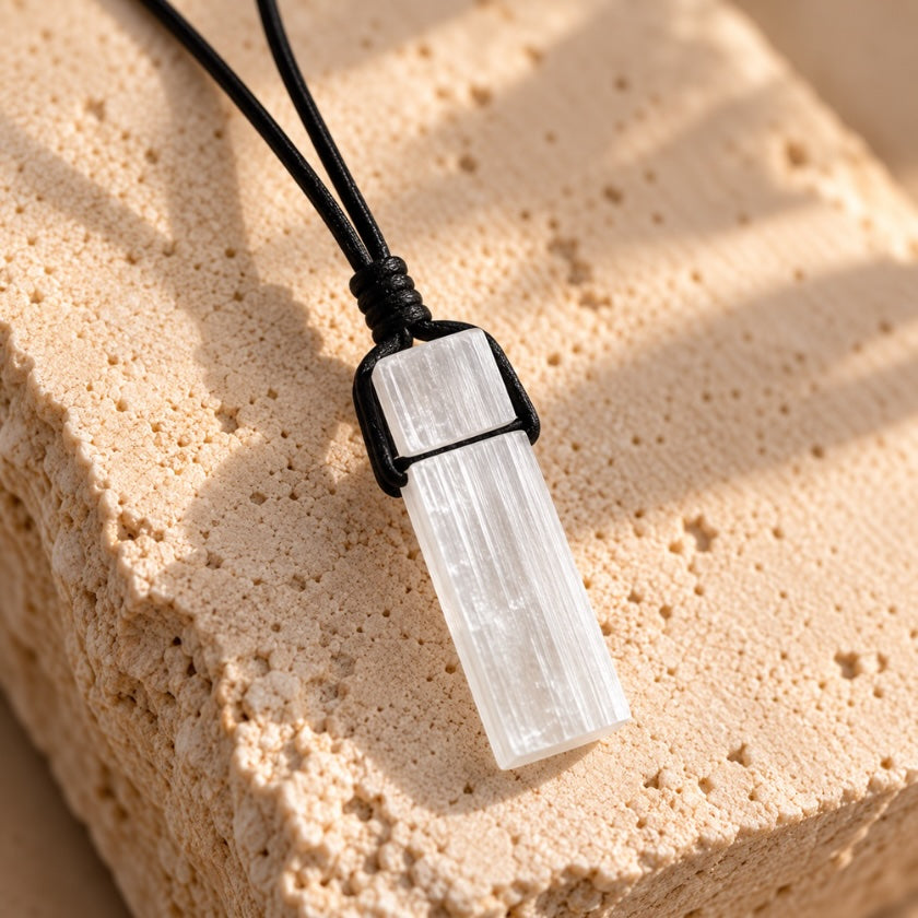 Raw selenite crystal necklace with white crystal pendant on adjustable black cord.