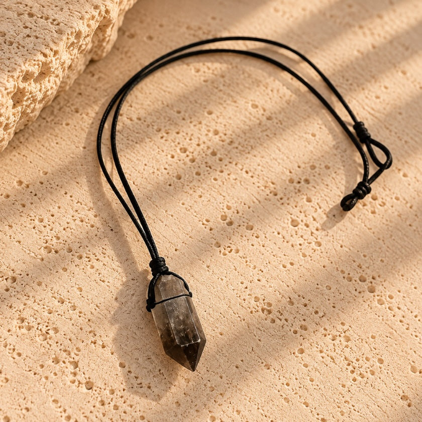Natural raw smokey quartz crystal point pendant on black cord necklace.
