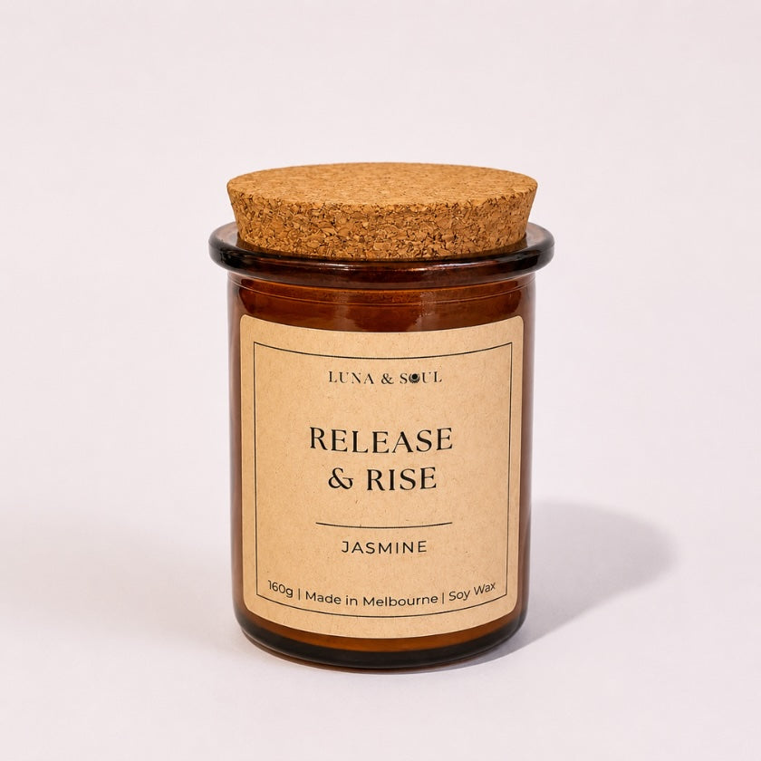 Luna and Soul Release &amp; Rise Jasmine affirmation soy wax candle in amber glass jar handmade in Melbourne