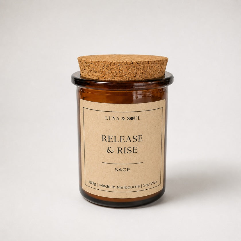 Luna and Soul Release &amp; Rise Sage affirmation soy wax candle in amber glass jar handmade in Melbourne