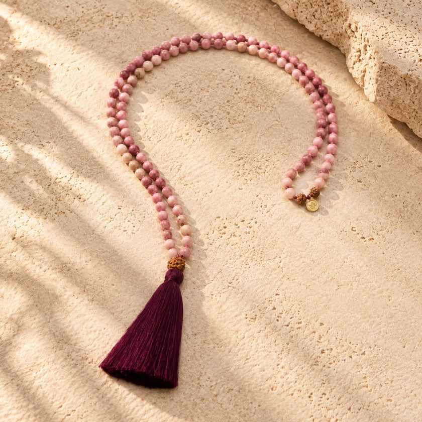 Rhodonite and Rudraksha 108 bead mala necklace with gold plated AUM charm.
