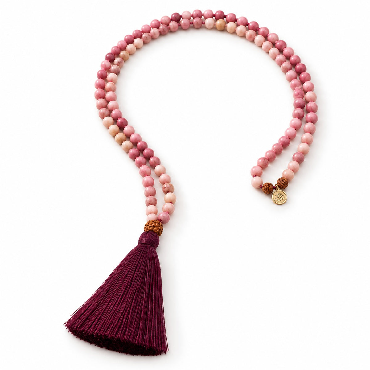 Rhodonite and Rudraksha 108 bead mala necklace with gold plated AUM charm.
