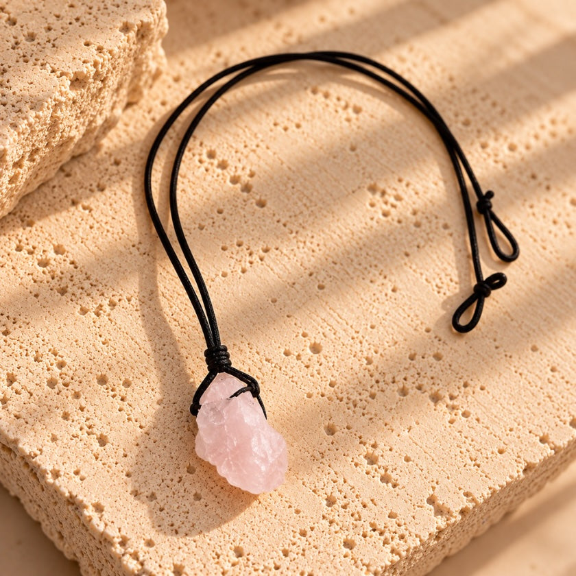Natural rough rose quartz crystal pendant on black cord necklace.