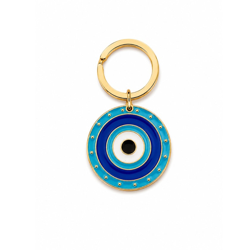Luna &amp; Soul round blue evil eye keyring with gold-tone metal and enamel finish
