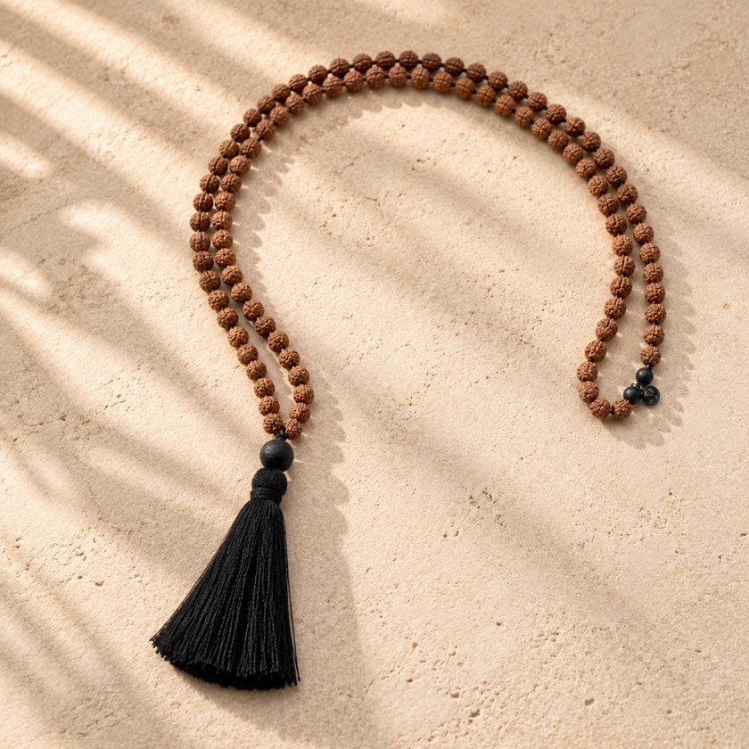Rudraksha 108 bead mala necklace with black tassel and sterling silver AUM disc