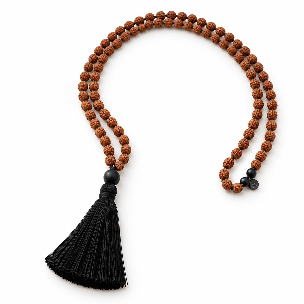 Rudraksha 108 bead mala necklace with black tassel and sterling silver AUM disc.