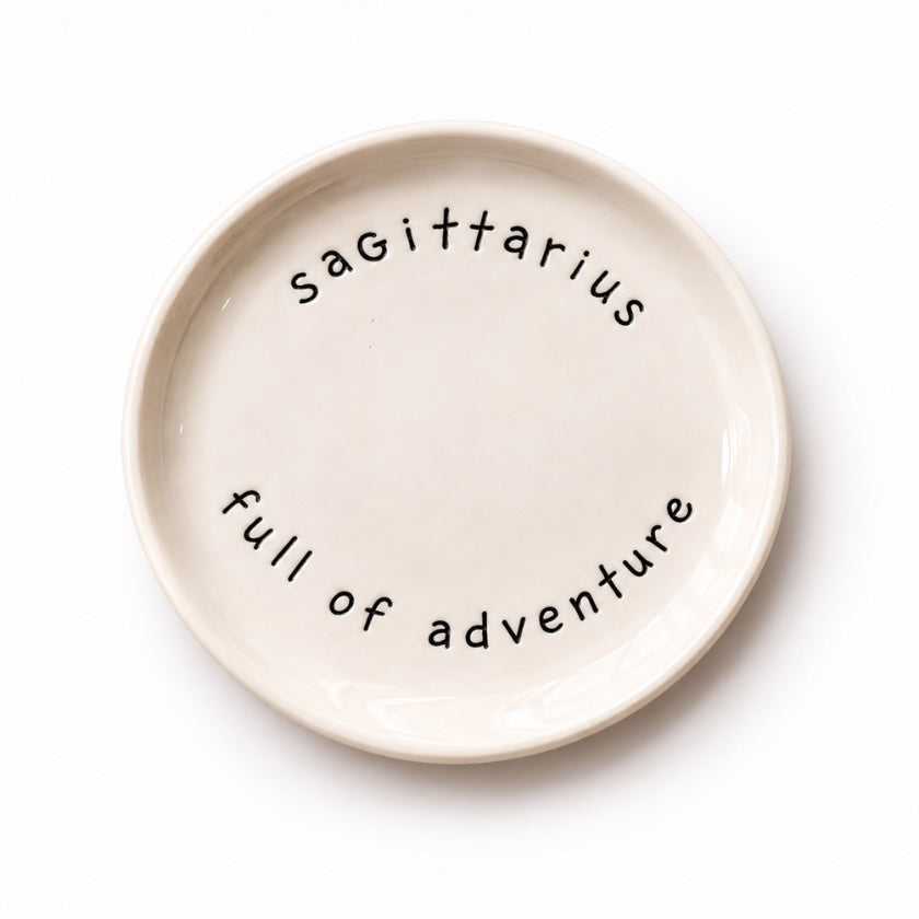 Sagittarius Zodiac ceramic plate stamped Full of adventure, handmade in Australia.