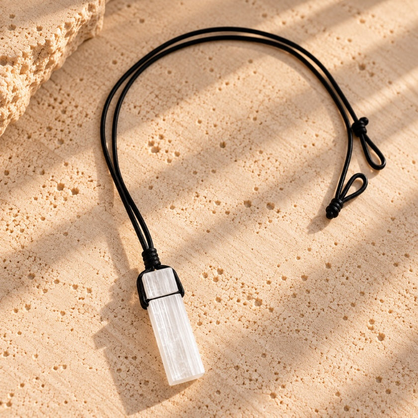 Natural raw selenite crystal pendant suspended from an adjustable black cord necklace.