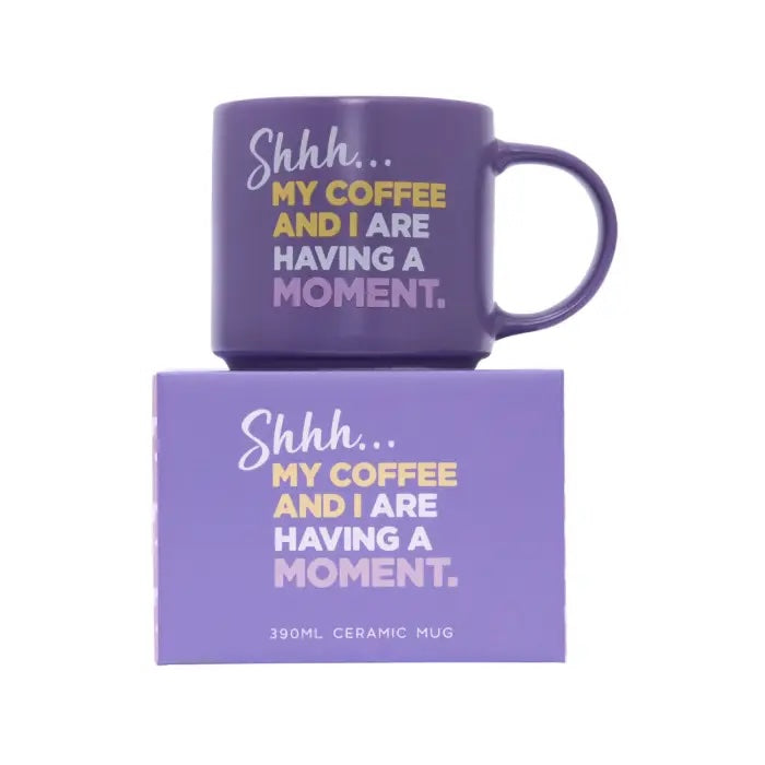 Purple Shhh my coffee and I are having a moment ceramic mug with matching gift box.