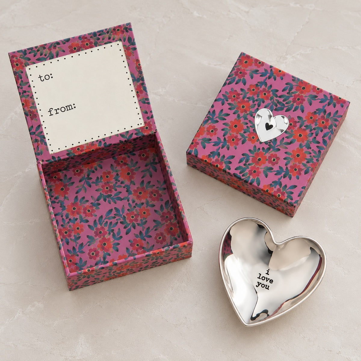 Silver heart trinket dish with colourful floral gift box.