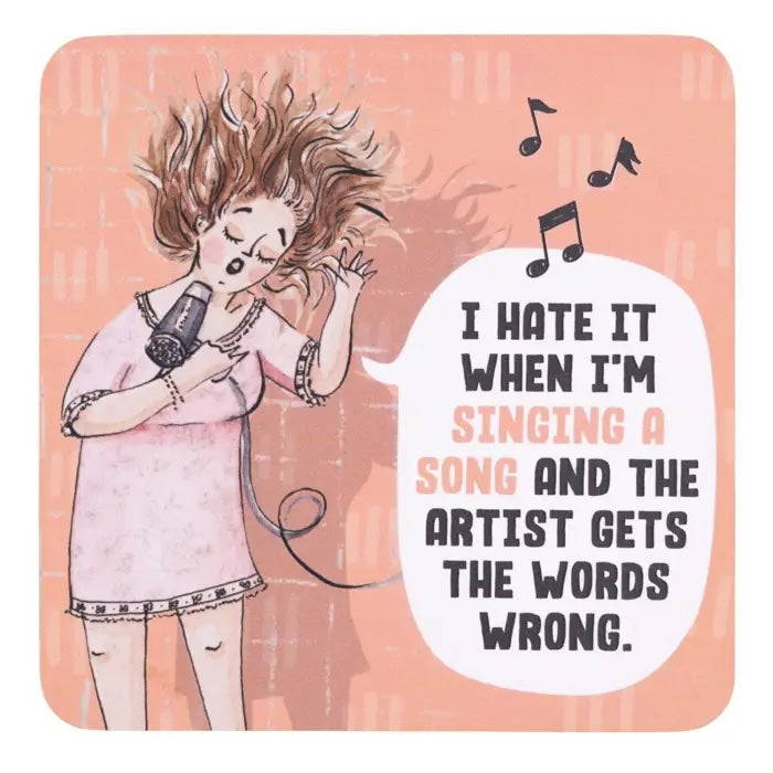 Singing a Song coffee coaster with peach background and hand-drawn woman singing into a microphone.