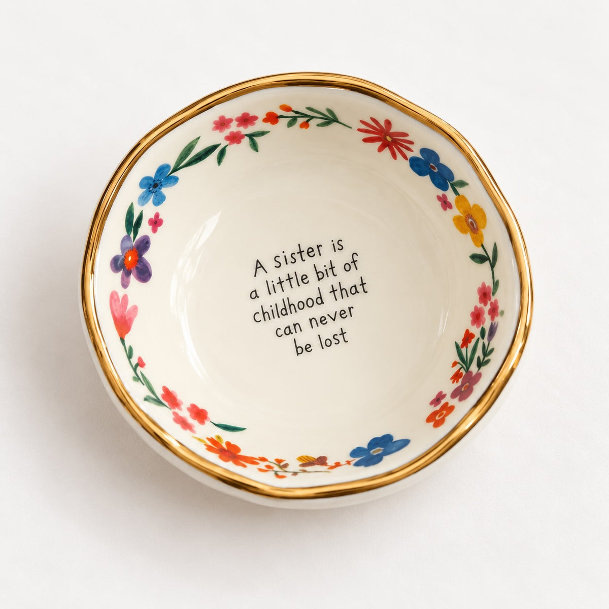 Floral ceramic sister trinket dish with gold-toned rim and heartfelt message.