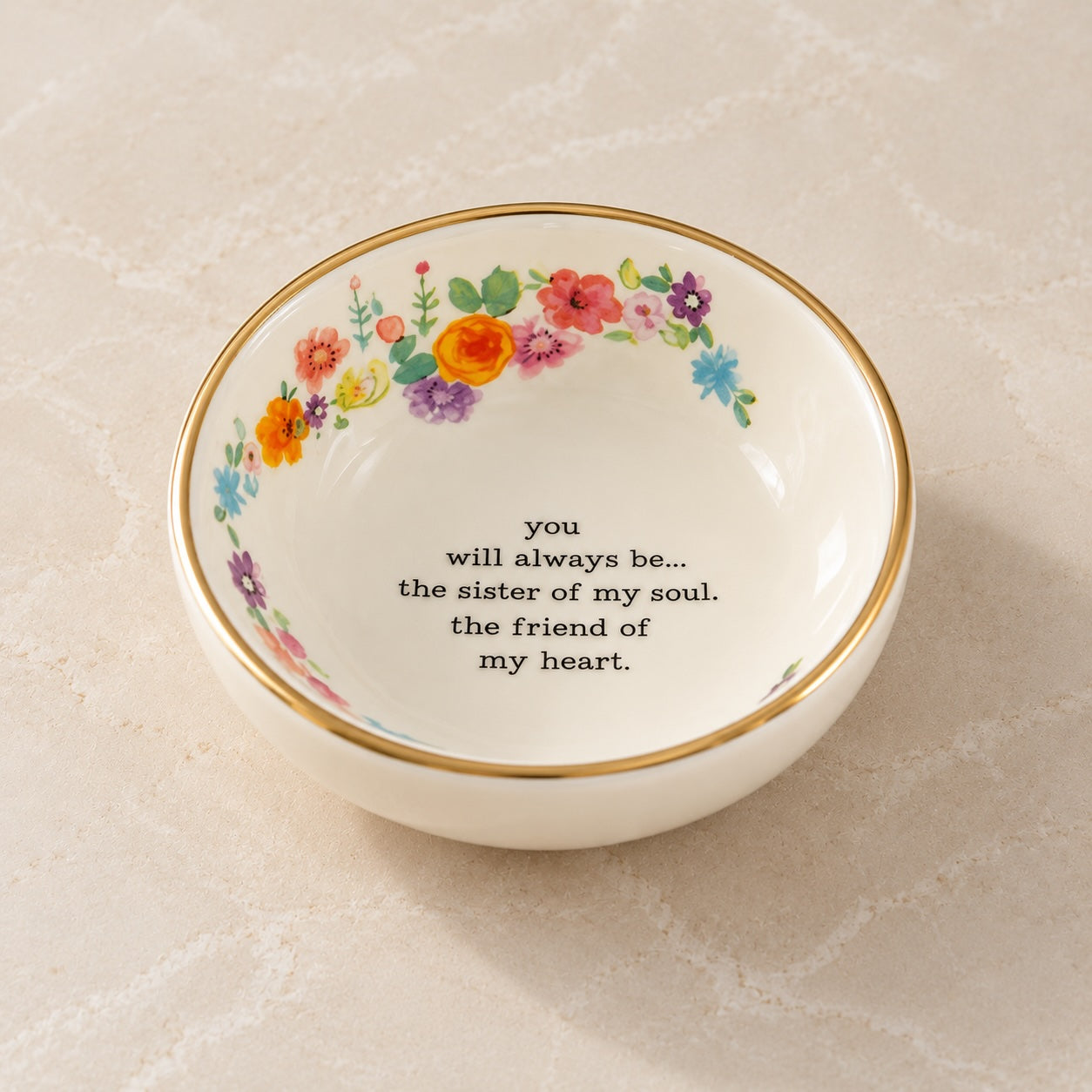 Sister Of My Soul ceramic trinket bowl with floral design and gold rim.