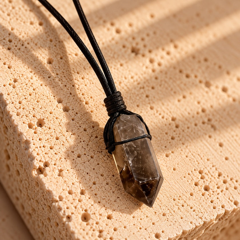 Smokey quartz crystal necklace with raw brown crystal point on black cord.