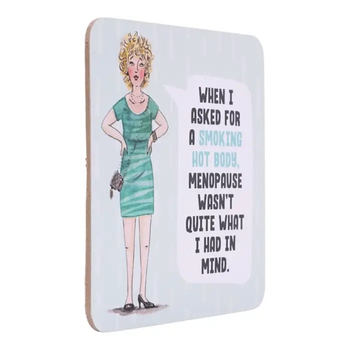 Side view of Smoking Hot Body coffee coaster showing natural non-slip cork backing.