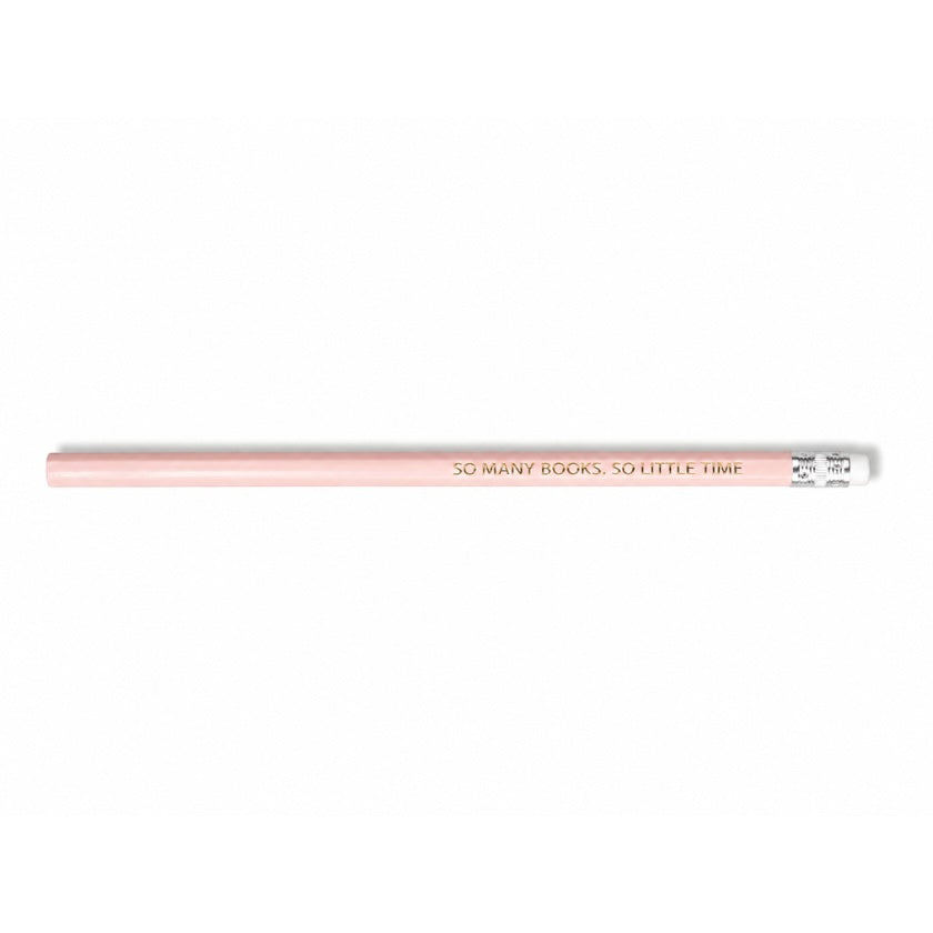 Luna &amp; Soul blush pink wooden pencil with gold foil quote "So Many Books, So Little Time".