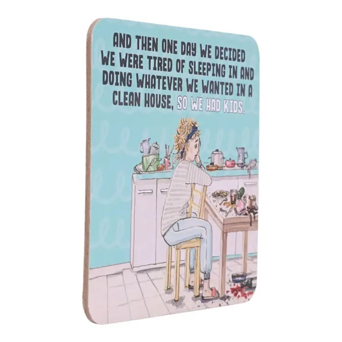 Side view of So We Had Kids coffee coaster.