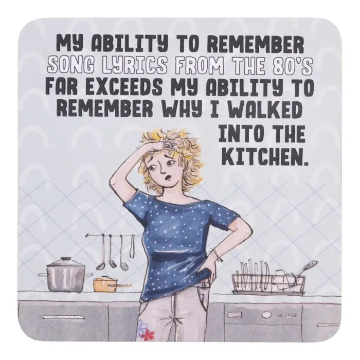 Song Lyrics from the 80s coffee coaster with hand-drawn woman standing in a kitchen.