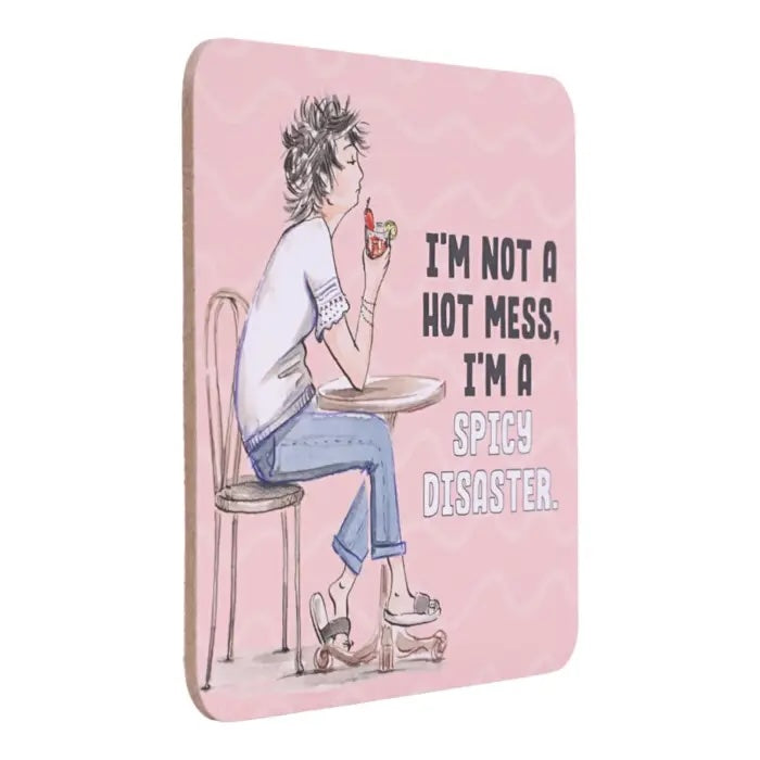 Side view of Spicy Disaster coffee coaster.
