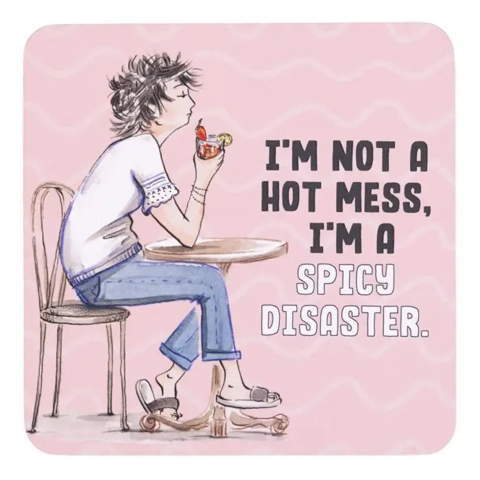 Spicy Disaster coffee coaster with pink background and hand-drawn woman enjoying a drink at a table.