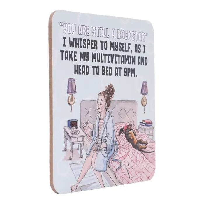 Side view of Still a Rockstar coffee coaster.