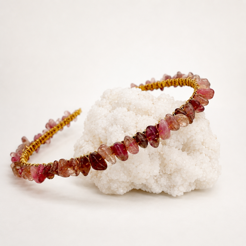 Luna and Soul Strawberry Quartz crystal chip headband on gold wire styled on a white crystal cluster