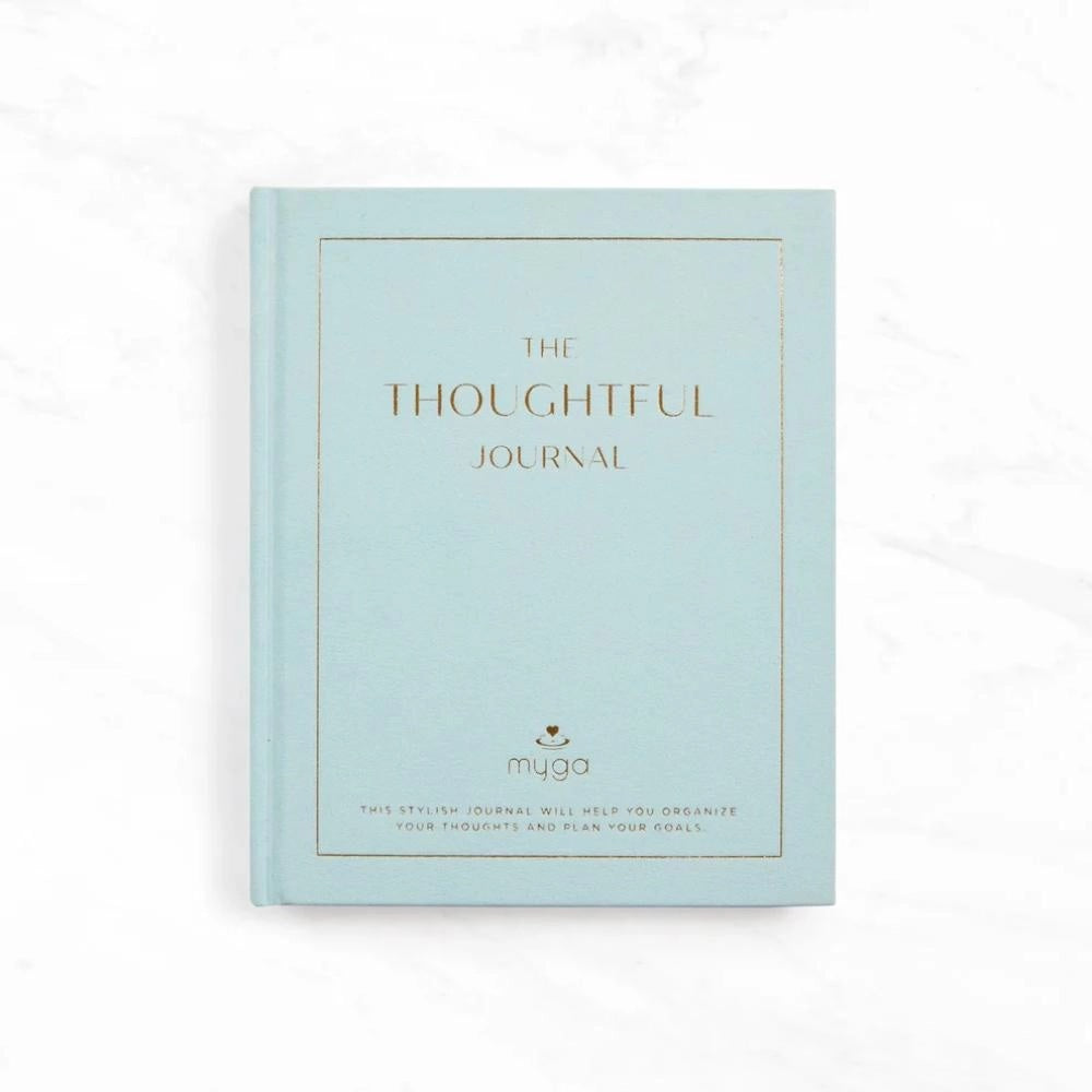 Luna &amp; Soul The Thoughtful Journal hardcover journal in soft blue with gold foil lettering.
