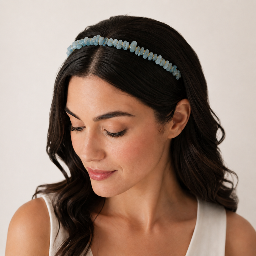 women wearing Aquamarine   crystal chips on Luna and Soul gold wire headband
