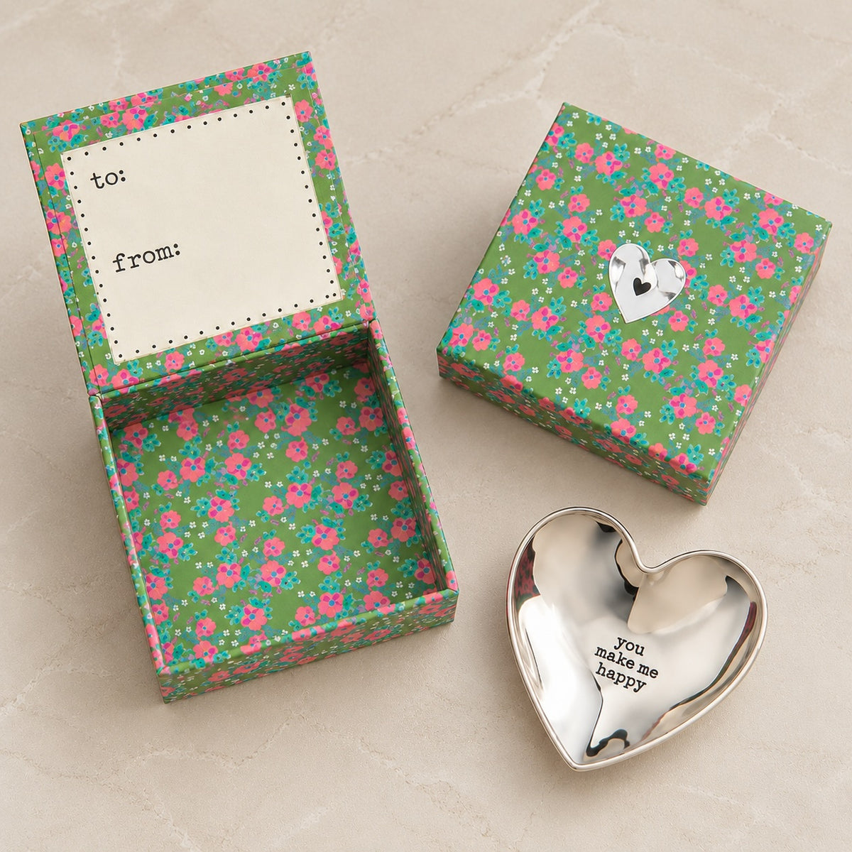 You Make My Heart Happy silver heart trinket dish with floral gift box.