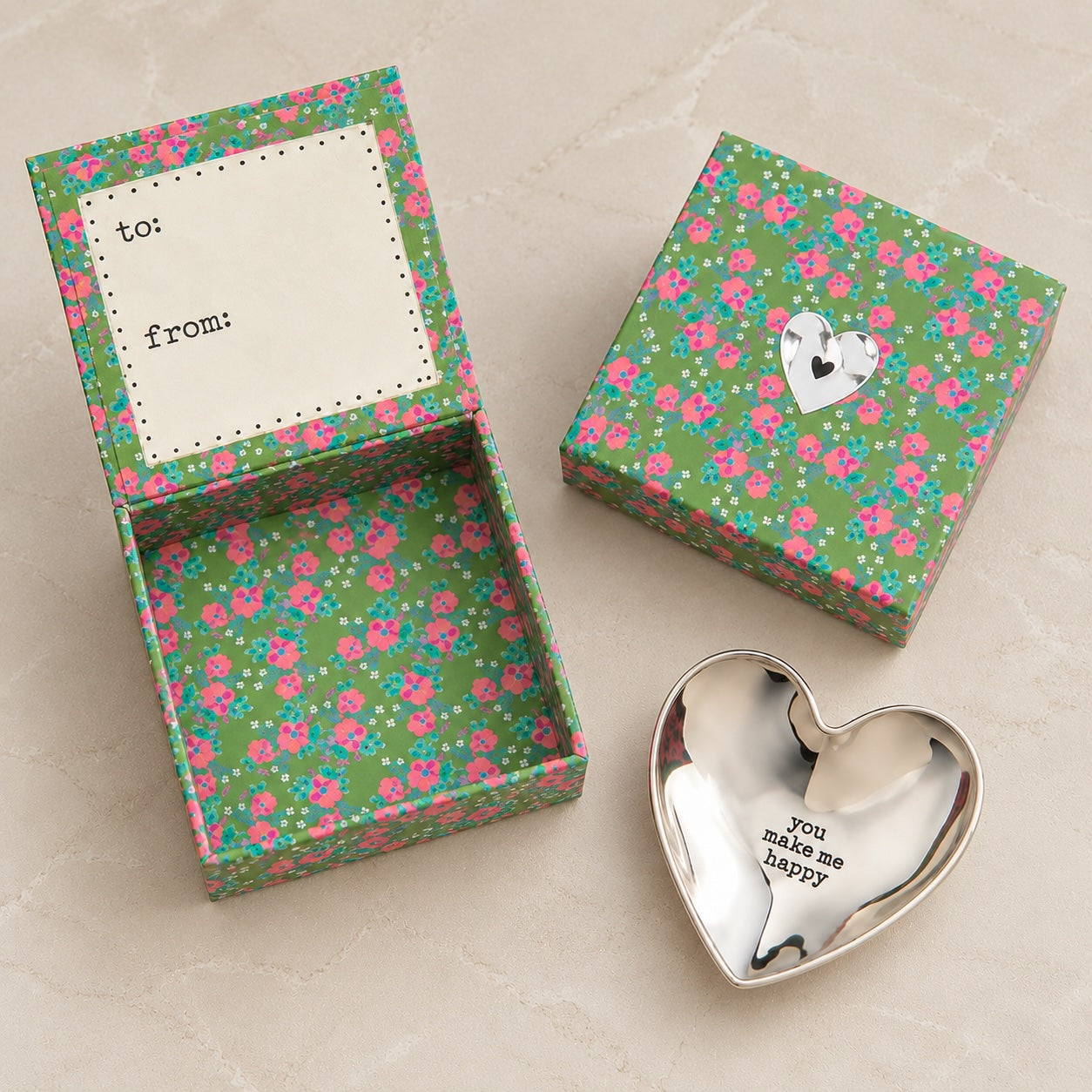 You Make My Heart Happy silver heart trinket dish with floral gift box.