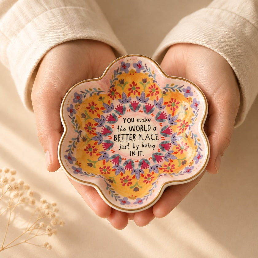 Luna &amp; Soul ceramic trinket bowl with colourful floral artwork and the message "You make the world a better place just by being in it."