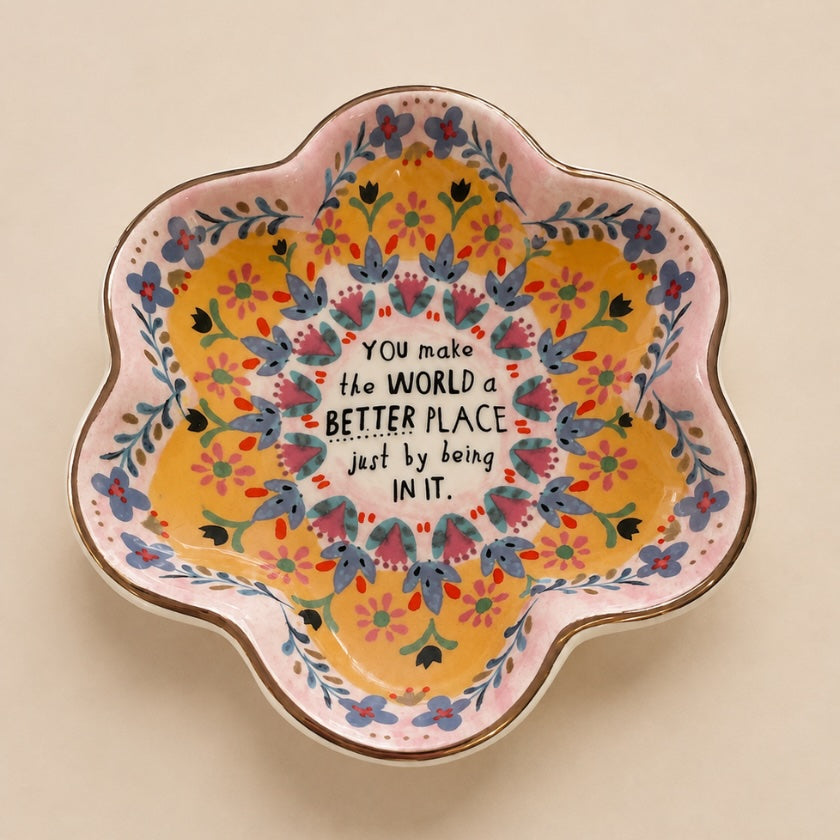 Luna &amp; Soul ceramic trinket bowl with colourful floral artwork and the message "You make the world a better place just by being in it."