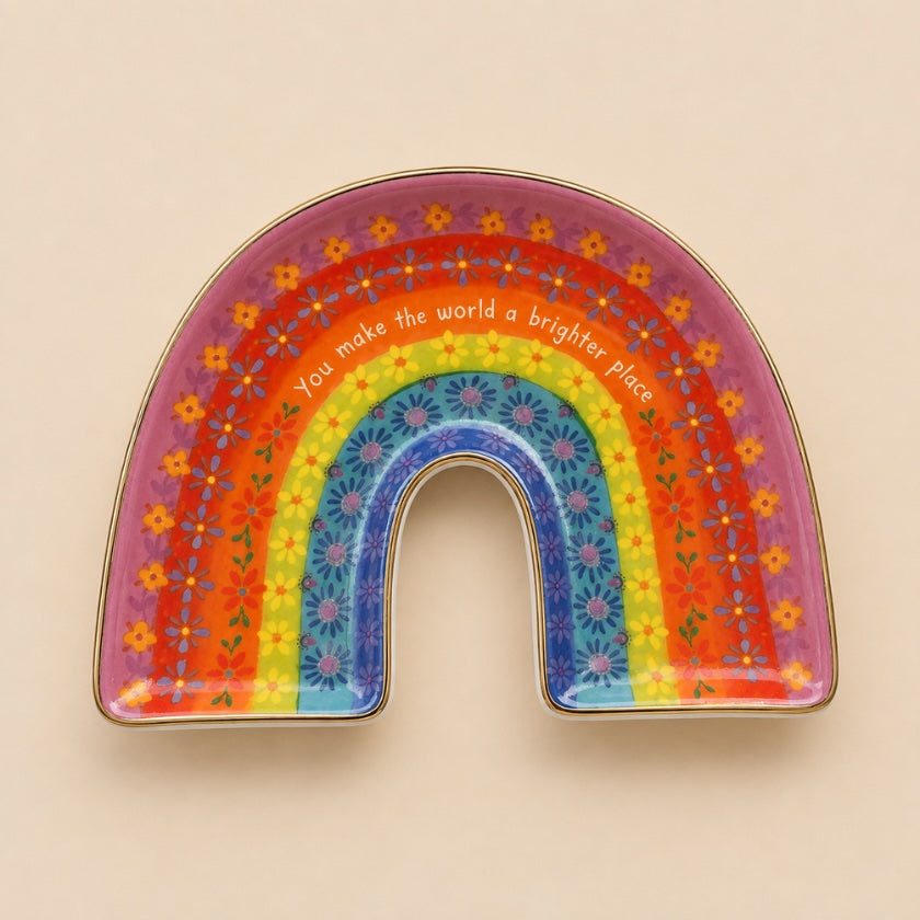 Luna &amp; Soul rainbow-shaped ceramic trinket dish with colourful floral artwork, gold edging and the message "You make the world a brighter place."