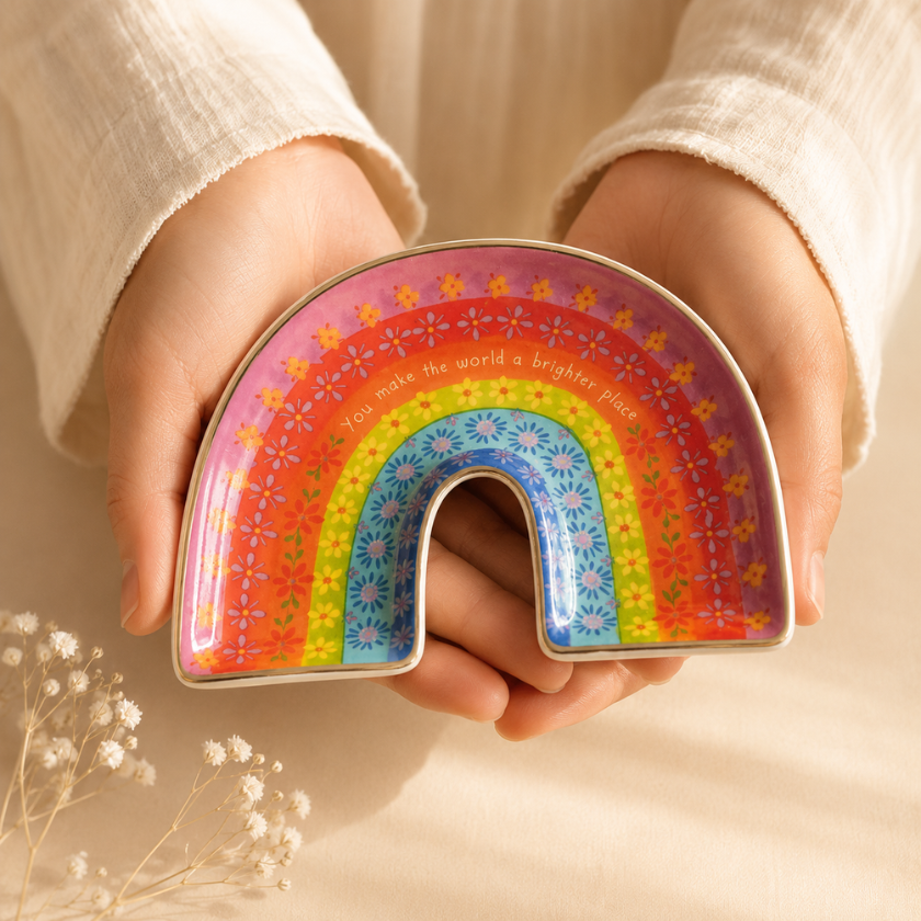 Luna &amp; Soul rainbow-shaped ceramic trinket dish with colourful floral artwork, gold edging and the message "You make the world a brighter place."