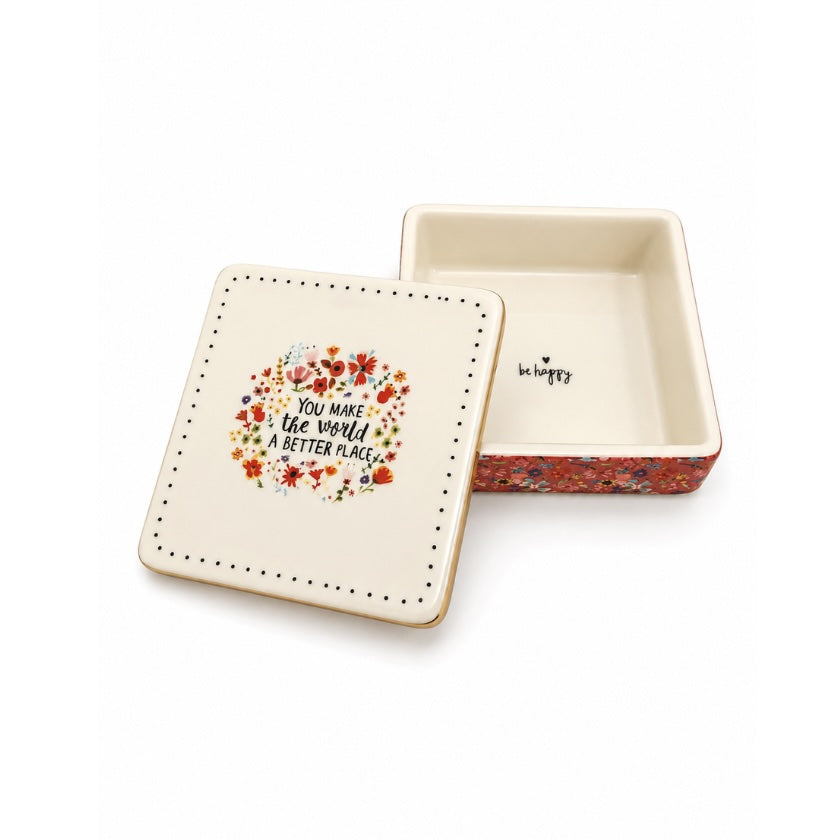 Luna and Soul You Make the World a Better Place Ceramic Lidded Dish ceramic lidded dish shown open with lid and tray