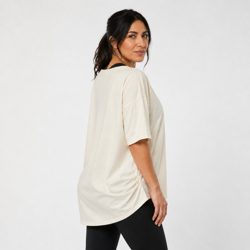 Three-quarter back view of oat organic cotton Zen yoga top — Luna &amp; Soul activewear