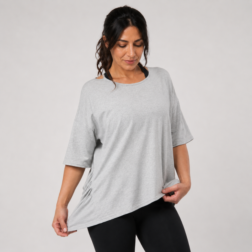Front view of the Zen T-Shirt in grey marle with a soft drape and relaxed silhouette