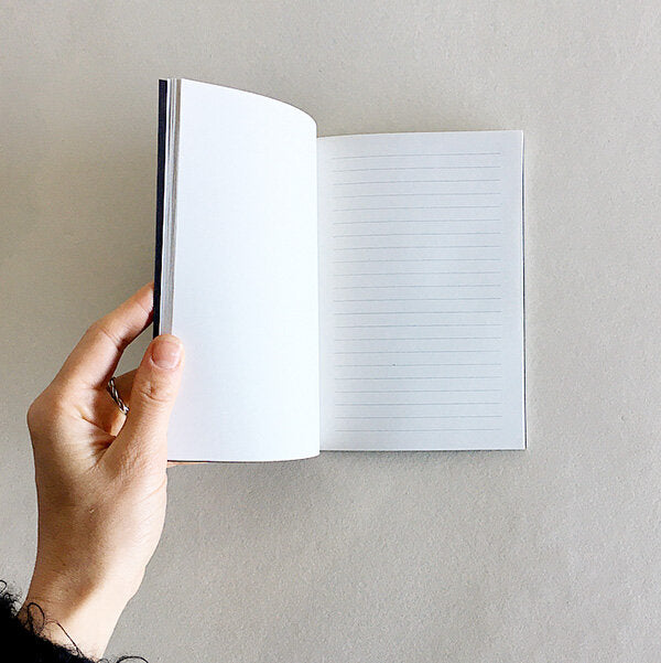 nside pages of the Moon Notebook showing half blank and half lined paper, perfect for writing and sketching.