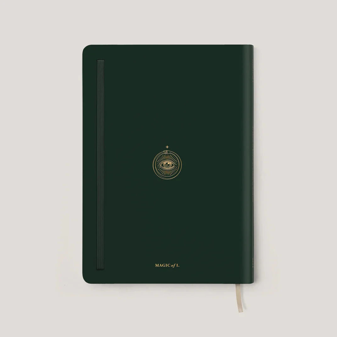 Back cover of the 2026 Astrological Almanac &amp; Guidebook in deep moss green with gold detailing