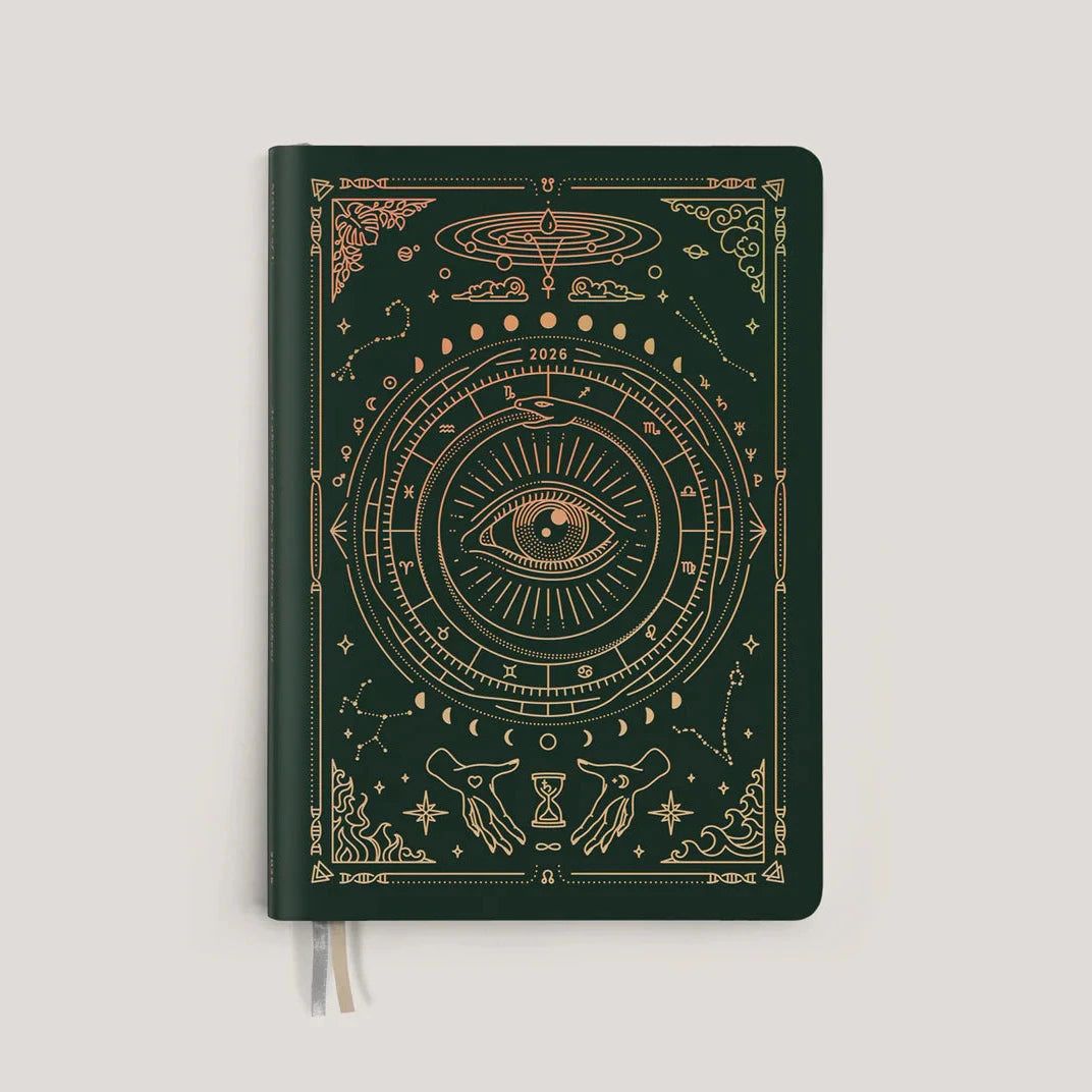 Front cover of Magic of I 2026 Astrological Almanac & Guidebook in deep moss green
