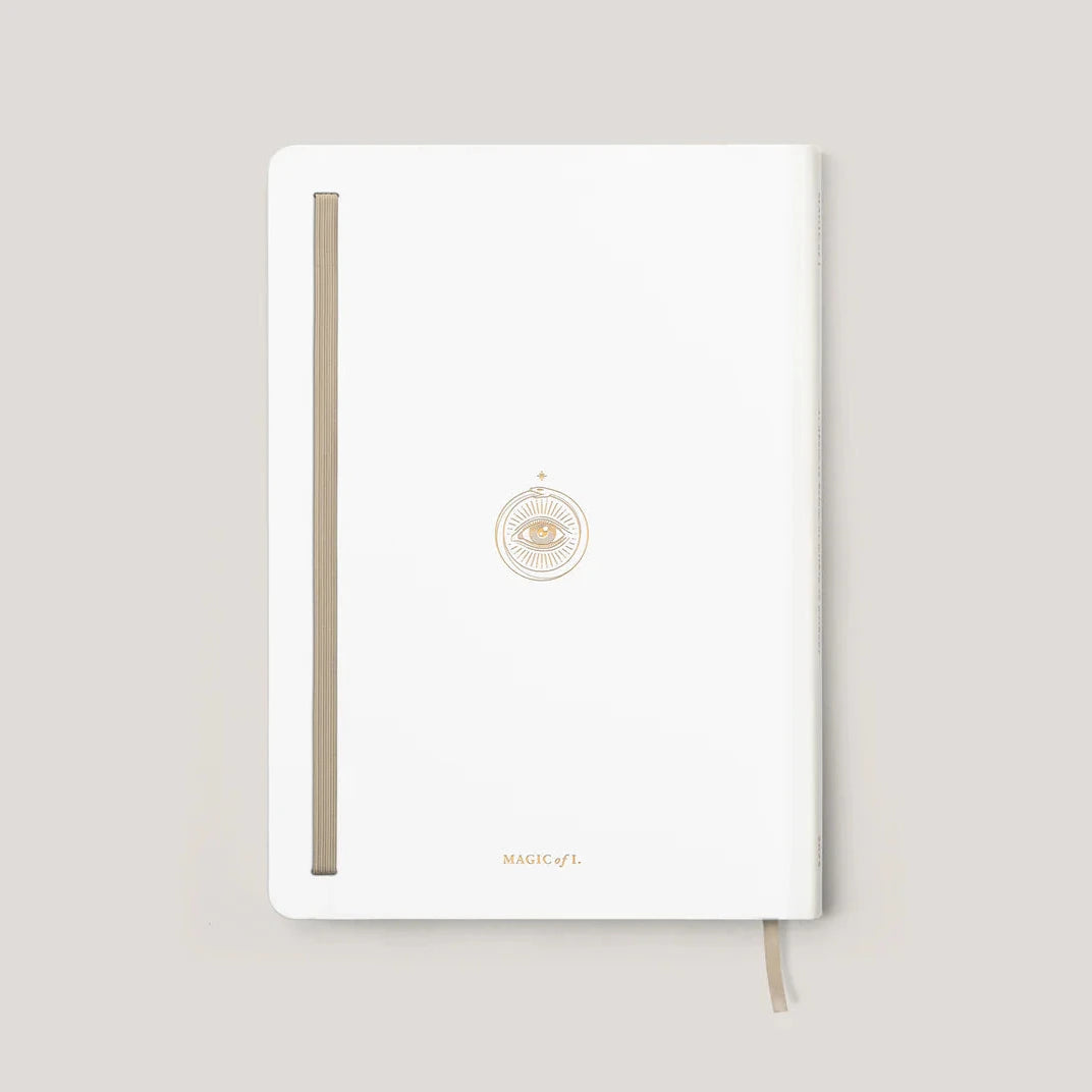 Back cover of the 2026 Astrological Almanac &amp; Guidebook in white with gold detailing